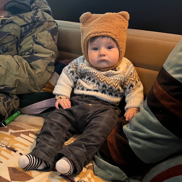 Baby boy lot fair isle sweater, corduroys, striped one piece fleece bear hat - Picture 2 of 16